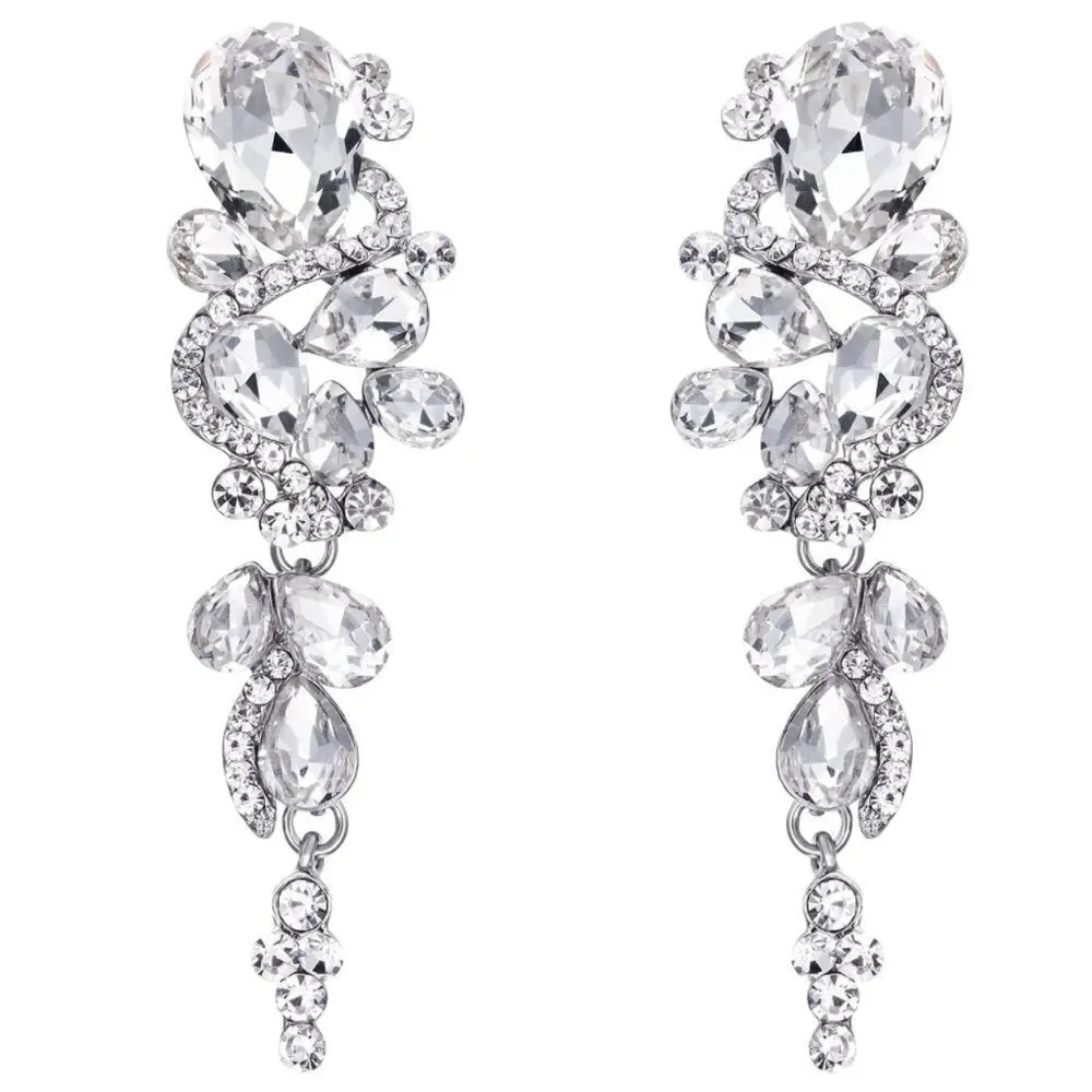 Silver with White Diamond Austrian Crystal Chandelier Statement Clip On Earrings